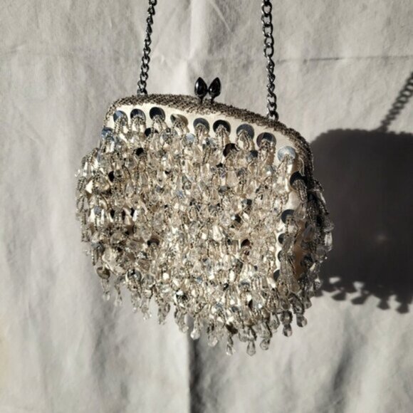 Vintage Glittery Silver Sequins Beaded Satin Evening Purse Clutch - Picture 3 of 8